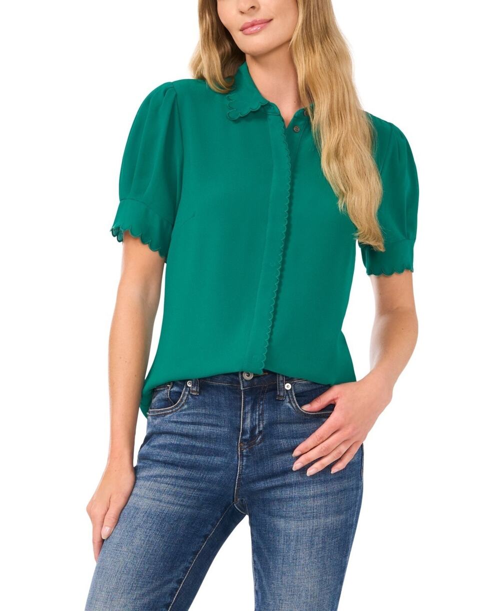 CeCe Women's Scalloped Puff-Sleeve Button-Front Top Green Size M 3766